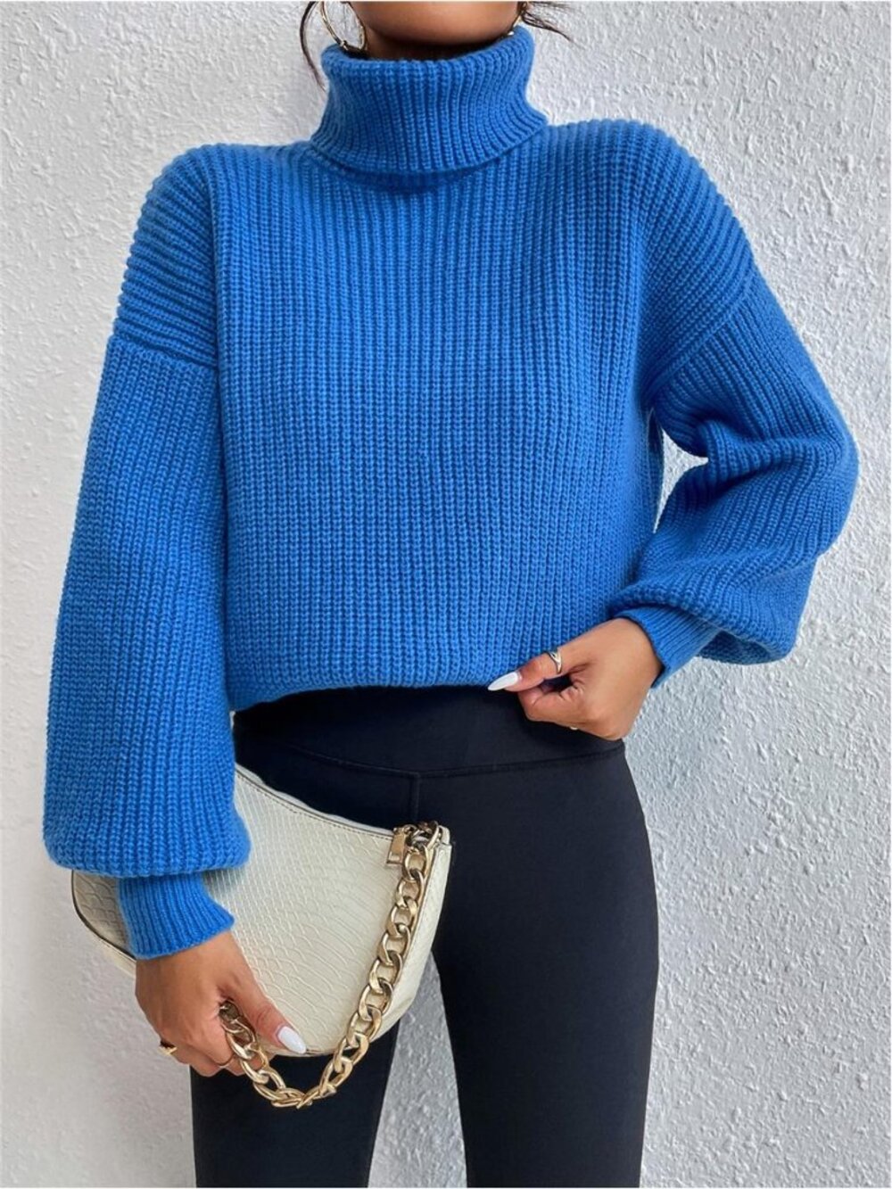 Ribbed Knit Turtleneck Dropped Shoulder Sweater, Long Sleeve Top